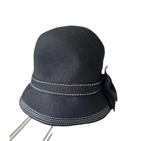 Collection Eighteen Wool Cloche Hat Black Bow Trim Retro White Embroidered Women - Picture 2 of 9